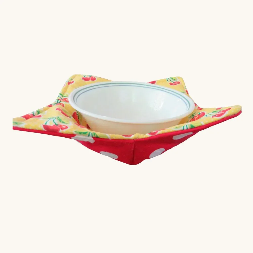 Reversible Microwave Bowl Cozy, Cherries and Red and White Polka Dots